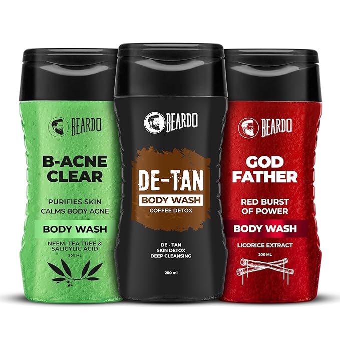 Beardo DeTan , Godfather & B-acne Clear Body Wash for Men ( 200ml x 3) | Complete Skin Care Set for Men - Deep Cleansing, Acne-Fighting & Tan Removal Body Wash | Ideal for Oily & Acne-Prone Skin | Perfect Skincare Kit for Tan & Acne Issues