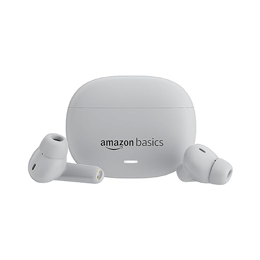 amazon basics True Wireless in-Ear Earbuds with Mic, Low-Latency Gaming Mode, Touch Control, IPX5 Water-Resistance, Bluetooth 5.3, Up to 60 Hours Play Time, Voice Assistance and Fast Charging (White)