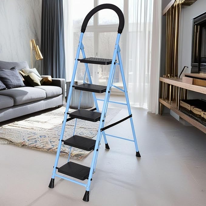 FLIPZON Halo Foldable 5 Step Ladder for Home and Office Use | Alloy Steel | Wide Steps | Wobble-Free | Skid-Free Steps | Durable Safety Ladder | Rust Free | Anti-Skid (Sky-Blue & Black)