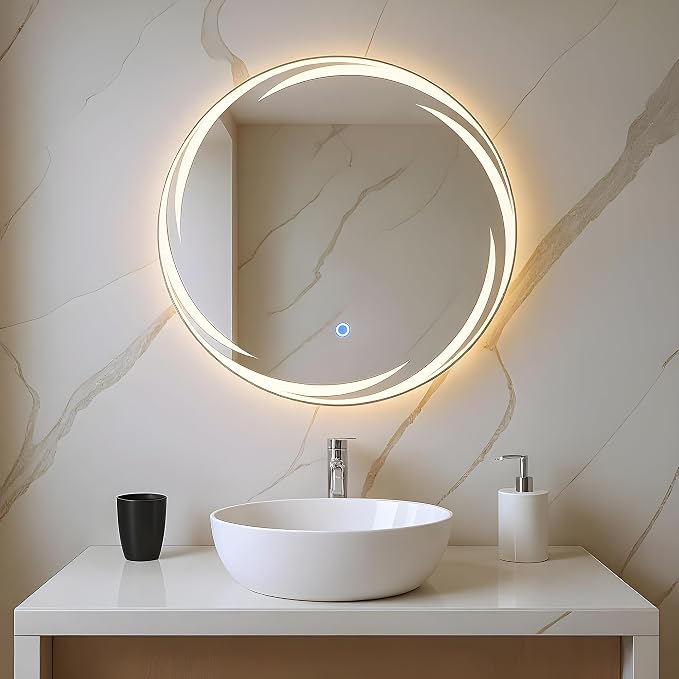 Amazon Basics Round Glass | 18 x 18 Inch Wall-Mounted LED Mirror with Smart Sensor | 3-Color Light (Warm, White, Natural)