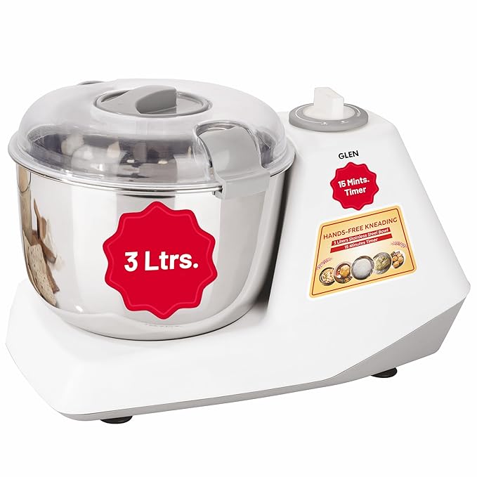 Glen Automatic Electric Atta Maker Machine, 3 Litre, 650W, Dough Kneader, Dough Mixer with Large Stainless Steel Bowl with Lid, Hands-free kneading - White (SA3032DM)