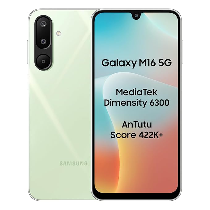 Samsung Galaxy M16 5G (Mint Green, 4GB RAM, 128 GB Storage) | MediaTek Dimensity 6300 | AnTuTu Score 422K+ | Super Amoled Display | AI | 25W Fast Charging | 6 Gen of OS Upgrades | Without Charger