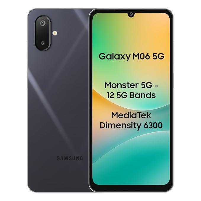 Samsung Galaxy M06 5G (Blazing Black, 4GB RAM, 128 GB Storage) | MediaTek Dimensity 6300 | AnTuTu Score 422K+ | 12 5G Bands | 25W Fast Charging | 4 Gen of OS Upgrades | Without Charger