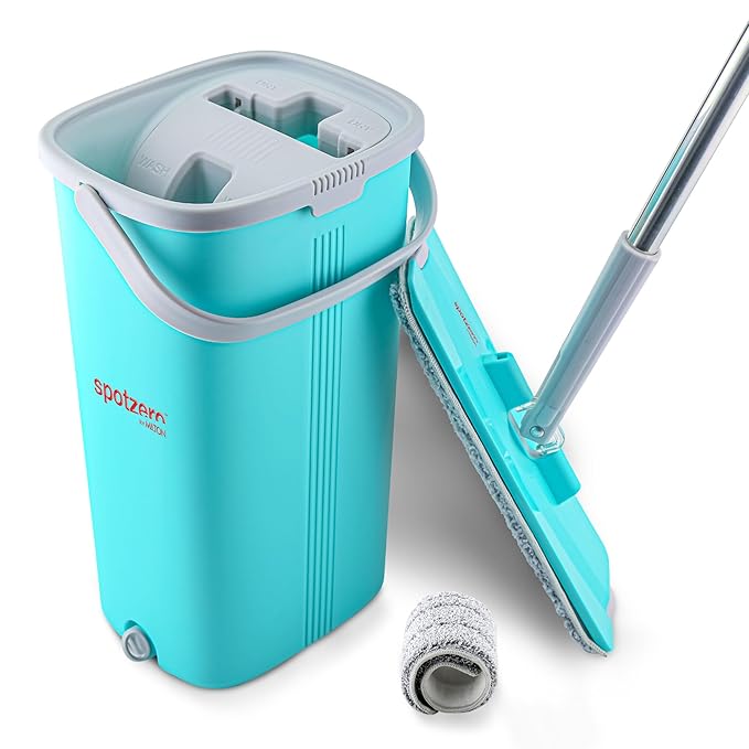 Spotzero By Milton Stainless Steel Flat Mop with Bucket 5 L, Flexible Kitchen Tap Flat Squeeze Bucket System Cleaning Supplies, Head,Pocha for Floor Cleaning with 2 Reusable Pads Clean