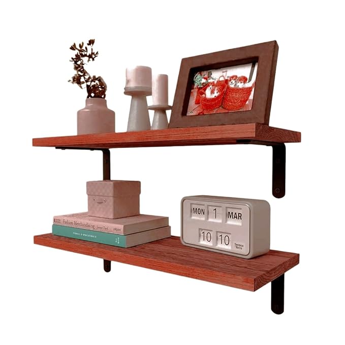 Dime Store Engineered Wood Floating Wall Shelves for Storage Organizer, Shelf for Bedroom Bathroom Storage Shelves, Kitchen Spice Rack Book Shelves for Living Room (Brown, Set of 2)