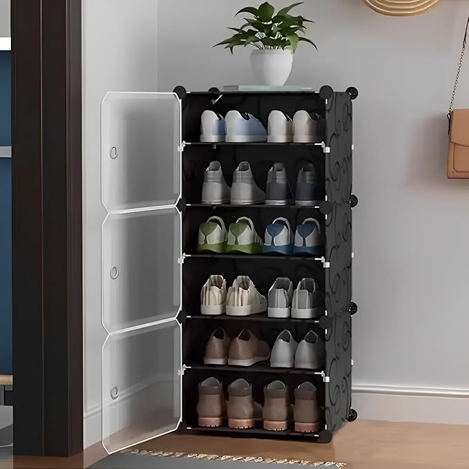 [Apply Coupon] - Shoe Rack Plastic - 3-Door Plastic Shoe Rack for Home, Shoe Rack with Door, Shoe Stand, Shoe Storage Organizer for Shoes,Heels,Boots,Slippers for Home, Office, Hallway (Black)