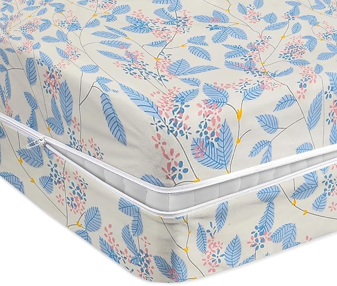 BSB HOME Premium Cotton Printed Mattress Cover/Protector with Zipper Chain|Provides All Around Protection with 360° Encasing |Single Size Bed - 72x36+6 inches (6 x 3 Feet Mattress) White & Blue