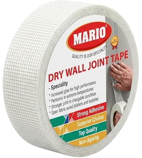 Mario Drywall Joint Tape 24mm (1 Inch) x 50M | Self-Adhesive Fiberglass Mesh Tape for Wall Crack Repair, Drywall Seams & Joint Reinforcement | High-Strength Plaster Repair Tape for Smooth Finishing