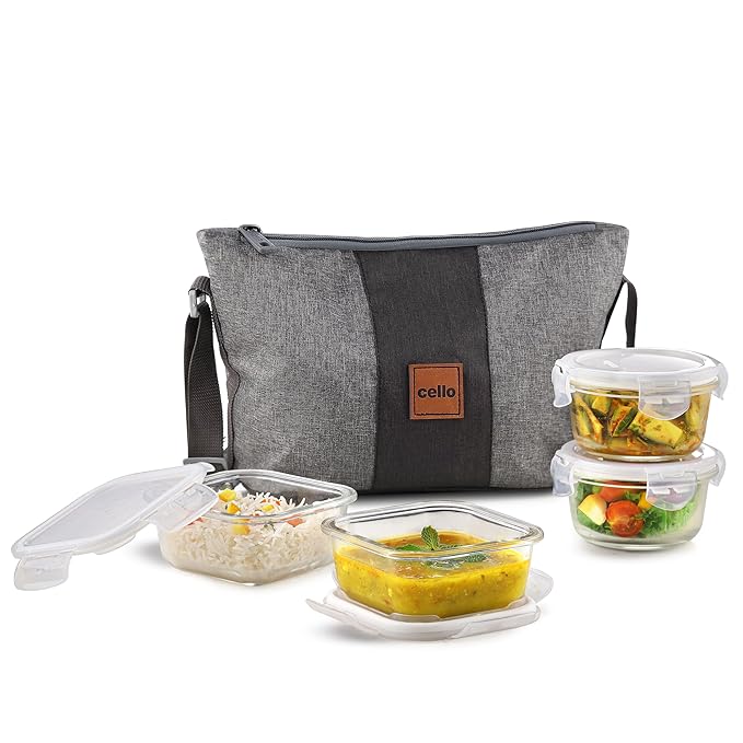 CELLO Glassy Square Lunch Box with Jacket For Office, Transparent | 2 x 320ml, 2 x 240ml Glass Containers, Microwave Safe Leadfree Toughened Glass, Airtight Leakproof Tiffin Box For Daily Use & Travel