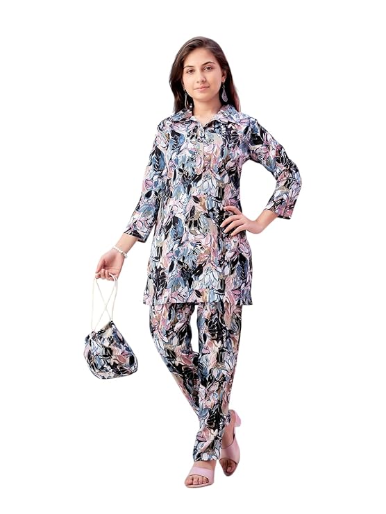 Aarika Girls Casual Wear Blue Colour Floral Print Polyester Co-ord Set
