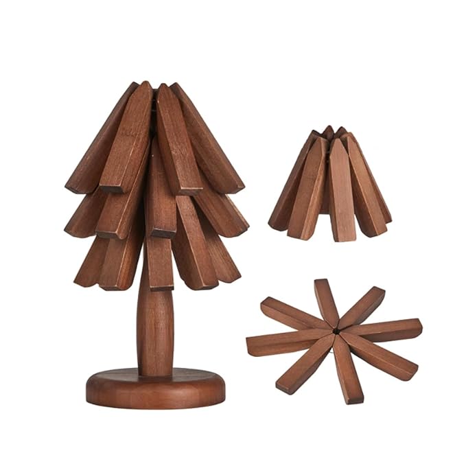 Handyever - Wooden Trivets for Hot Dishes | Tree Shape Foldable Coasters for Hot Pots Pans & Teapot | Heat Resistant Pads for Kitchen Counter | Handmade (3 Wooden Trivet with 1 Stand)