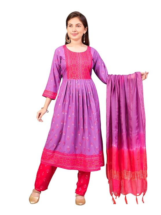 Aarika Girls Ethnic Wear Cream Rani Colour Foil Print Rayon Kurti