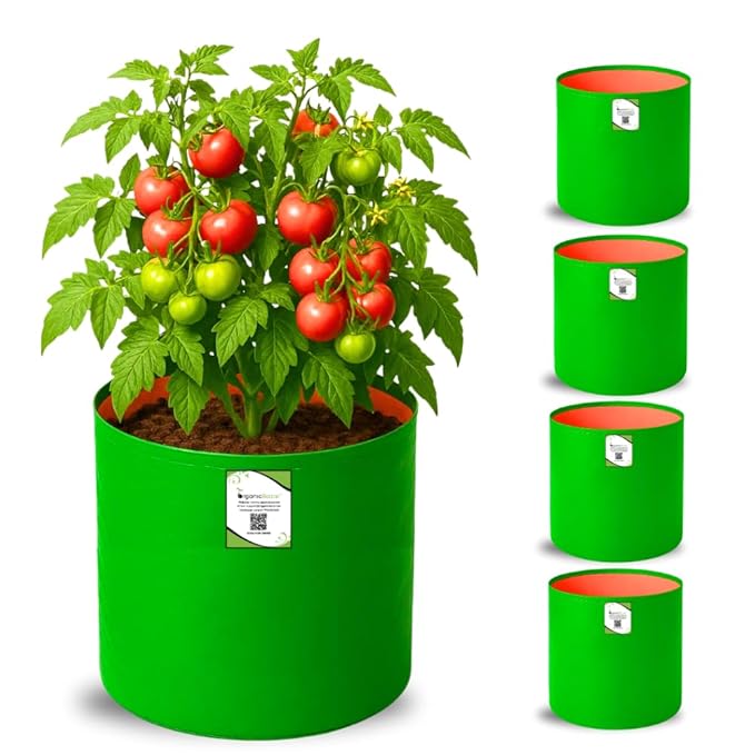ORGANIC BAZAR 12x12 Grow Bags for Terrace Garden, Premium UV-Protected HDPE Green-Orange Planters for Vegetable Plants for Indoor-Outdoor Garden (Pack of 5)