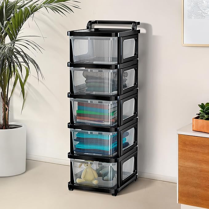 Kuber Industries 5 Layer Heavy Duty Plastic Storage Drawer with Wheels | Modular Cabinet for Bedroom, Office, Home | Chest of Drawers Organiser for Cosmetics, Kitchen items, Toys | Transparent Black