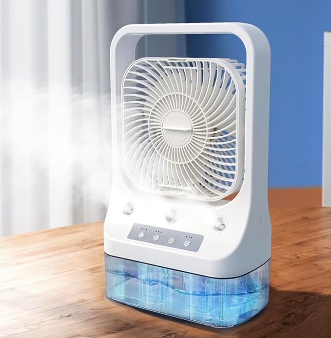 [Apply Coupon] - Vasukie Table Fan With Mist, Portable Air Conditioner Fan Personal Cooler Desk Fan for Shop, Office, Kitchen, USB Powered Mini AC,Portable Humidifier Air Cooler Fan, For Home With 3 Speed V9 (White)