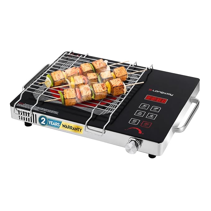 Longway Infralite Pro 2200W Infrared Hot Plate Cooktop with Steel Grill Rack, Crystal Glass Top, Touch Panel & Digital Display, 4 Preset Modes  -  Stir Fry, BBQ, Hot Pot & Steam, Black
