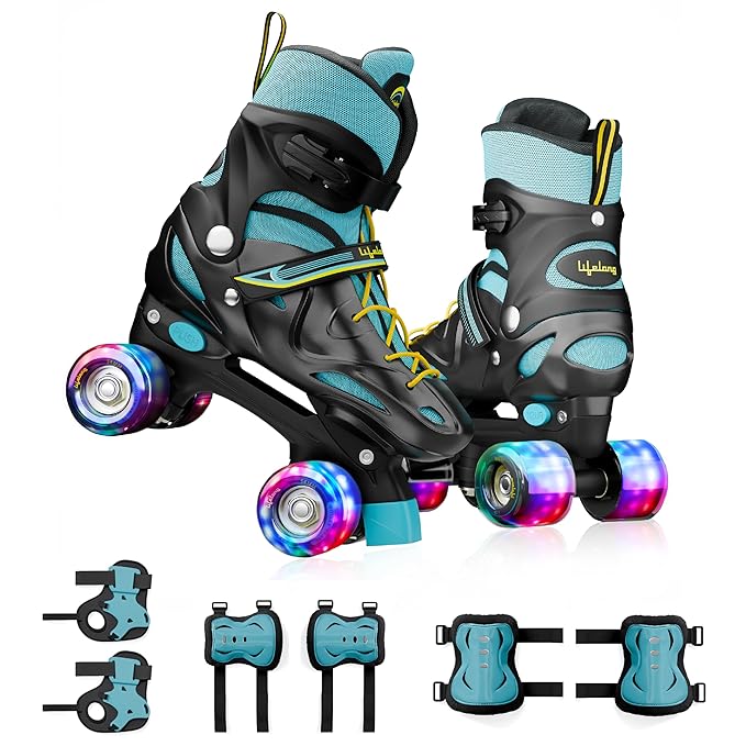 Lifelong Kids Adjustable Skating Shoes with LED Lights  -  Inline Roller Skating with Adjustable Size, Playful Lighting with Safety Pads, 1 Pair of Skates, Durable Frame  -  Black, S (17.5-20 cm)