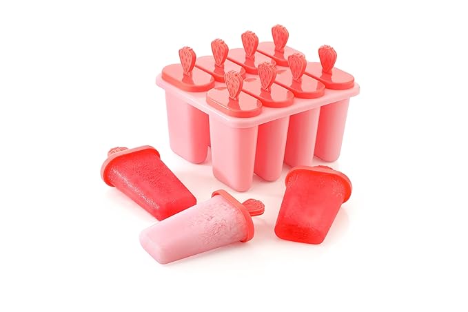 Clazkit Set of 8 Plastic Reusable Strawberry Ice Pop Makers, Homemade Popsicle/Frozen Ice Cream/Kulfi Candy for Children & Adults - Multicolor,15.8X11X8 Cm