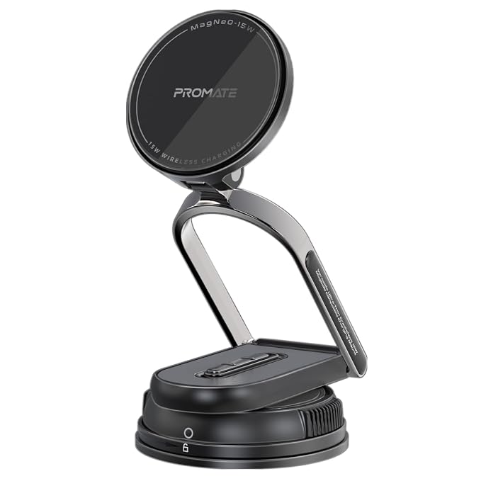 Promate Magnetic Car Charging Mount with 15W MagSafe Compatibility, Detachable Body, Locking Mechanism, Adjustable Extendable Arm, FOD Detection, 360° Rotatable Cradle-Free Base, MagNeo-15W
