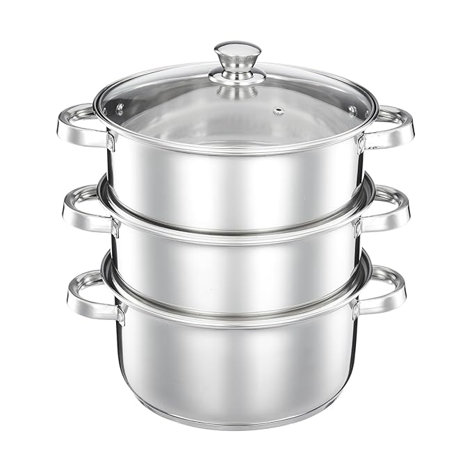 Amazon Brand  -  Solimo Stainless Steel 3-Tier Steamer with Glass Lid | 24 cm | Induction Bottom | For Modak, Momos & More | Multi-Layer Cooking | Rust-Resistant