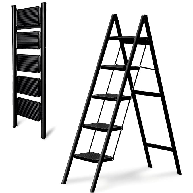 JIALTO 5 Step Metal Ladder for Home, Foldable Lightweight Stepping Stool with Wide Pedals, Anti Slip Heavy Duty 200 Kg Capacity, Portable Ladder for Kitchen, Office, Library (Matte Black)