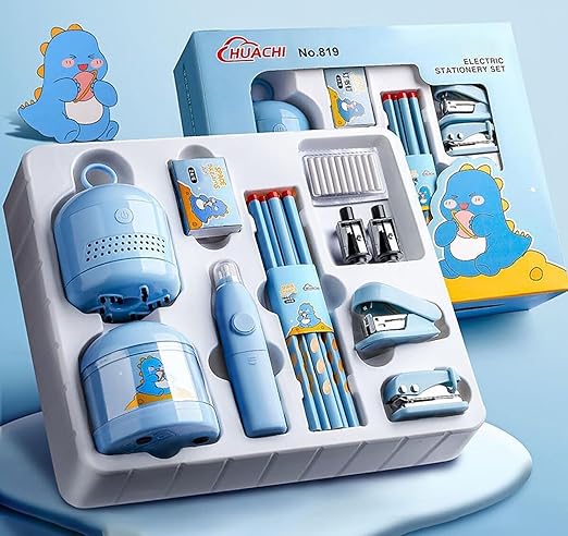 Magicwand Battery Operated Pencil Sharpener,Electric Eraser,Vacuum Cleaner Stationery Set with 10 Eraser Refills for Kids,Adults for Home Office SchoolBlue