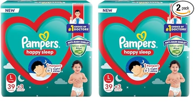 Pampers Happy Sleep Pant Style Baby Diapers, Large (L), 42 Count, 1 Pampers : 1 Night Sleep, with Anti Rash Shield, 9-14 Kg Diapers (Pack of 2)