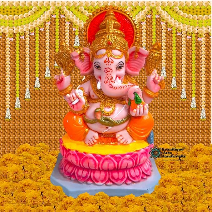 KRAAFTIQUE Lotus Seated Ganesh Idol | Ganesh Sitting on Lotus Flower Murti | Divine Ganpati Murti for Home Mandir & Office Decor | Ganpati Murti for Puja & Gifting (Marble,15 CM)