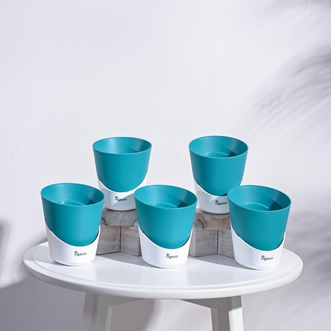 UGAOO 4 Inch Atlantis Self Watering Planter - Set of 5 (Teal) | Flower Pots for Indoor Plants | Plastic Planter Pots | Decorative Pots for Living Room, Kitchen, Office | Planters for Home Decor
