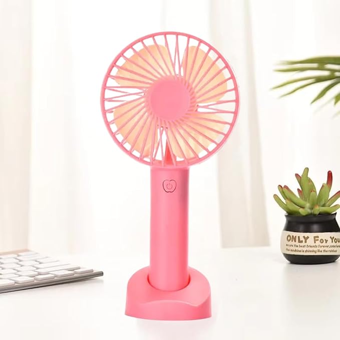 One94Store Mini Portable USB Hand Fan  -  1200mAh Rechargeable Battery, 3-Speed Mode, Up to 3 Hours Usage, High-Speed Cooling Fan with Stand for Home, Office & Travel (Pink)