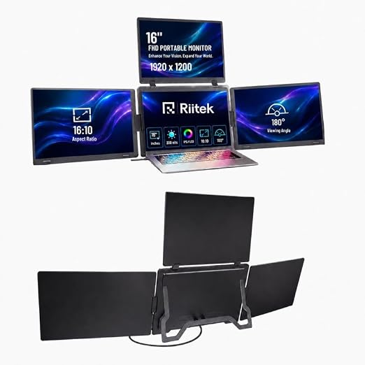 RIITEK 16" Quad Monitor Laptop Screen Extender - Portable FHD 1200P IPS Monitor with 1 Cable Connection Compatible with Window (10,11) / Mac (M1 M2 M3) for 12" -18.5" Laptop