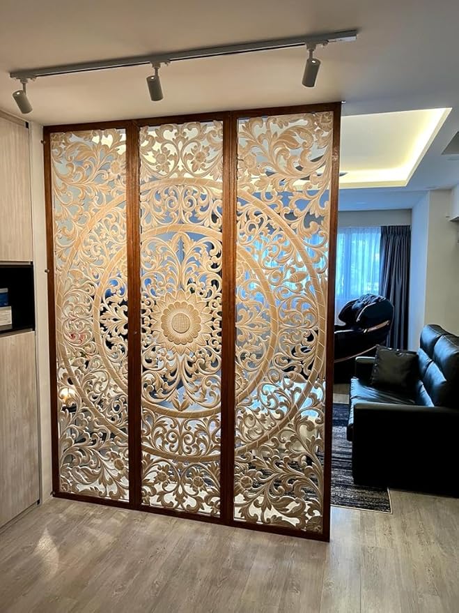 Luxury Engineered Wood Room Divider  - Decorative Partition with Floral Carvings, Perfect for Home, Office, Hotel Interior (Set of 3) 8x6 feet Each Size 96 x 24 in (White Antique)