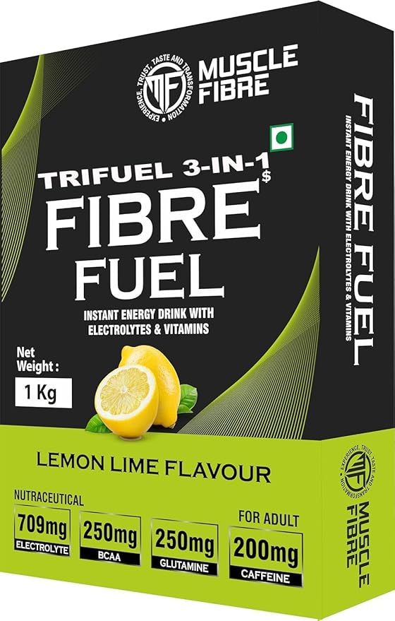 Muscle Fibre TriFuel 3-IN-1 Isotonic Powder | Instant Energy Drink for Workout | Electrolyte Replacements Energy Supplement with added BCAA & L Glutamine - Refreshing Post Workout and Recovery Electrolyte Enhanced Drink - Hydration Powder, Sports Recovery Rehydration [1Kg, Lemon]