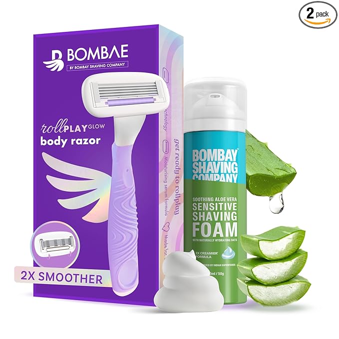 Bombae Rollplay Body Razor for Women & Sensitive Shaving Foam for Women | Aloe vera and Vitamin E for 2X Smoother Skin | Arms, Legs, Underarms, Bikini