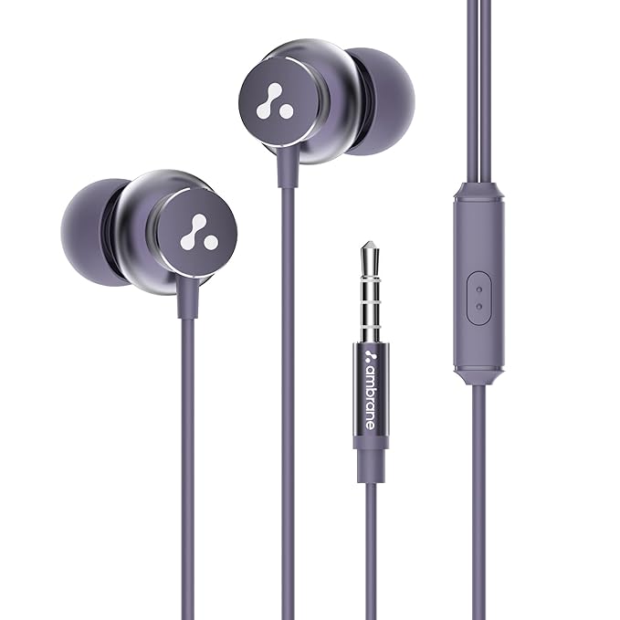 Ambrane Stringz 38 Wired Headphones with Mic, Powerful HD Sound with High Bass, Tangle Free Cable, Comfort in Ear Fit, 3.5mm Jack (Purple)