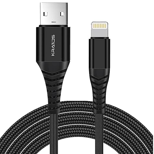 Kratos USB to Lightning 3A Fast Charging Braided Cable Compatible with iPhone 14, 13, 12, 11, X, 8, 7, 6, 5, iPad, MacBook, iMac, Airpods, 480Mbps Data Sync, 1 Meter, Black