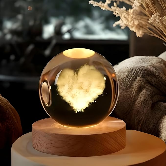 CRAE 3D Love Heart Crystal Ball Night Lamp for Couple, Light Lamp with Wooden Base for Lovers, Mothers Day, Birthday (Love Heart)