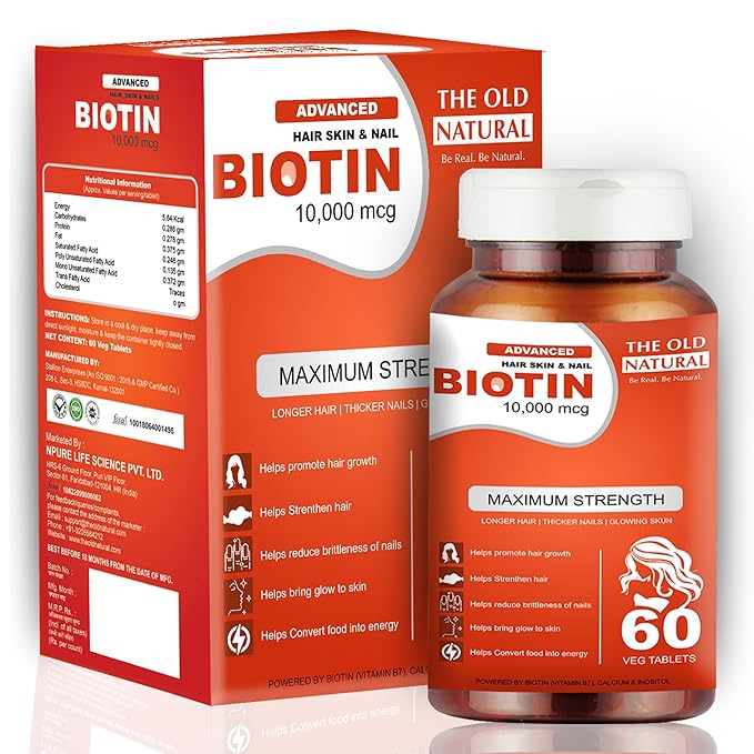 Biotin Tablets for Hair Growth | High-Potency Biotin 10000 mcg Supplement for Stronger Hair, Glowing Skin & Healthy Nails | For Women & Men | 60 Veg Tablets