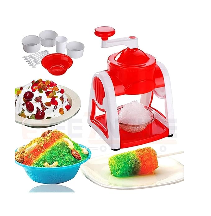 Manual Ice Gola Maker Machine with Sharp Blades, Ice Crusher, Snow Grinder, 3 Bowls, 1 Glass, 6 Sticks, and 1 Serving Dish  -  Ideal for Making Baraf Ka Gola, Slush, and Shaved Ice Treats