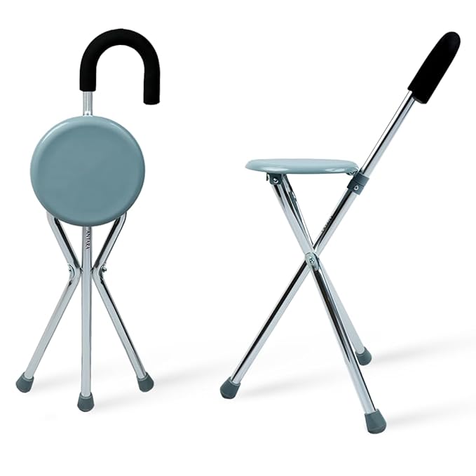 AGEasy Antara Walking Stick with Seat for Seniors | Lightweight Aluminum Walking Support with Built-in Seat | Portable Chair Stick for Men & Women | Foldable Stick, Supports Upto 100 KG Weight (Grey)