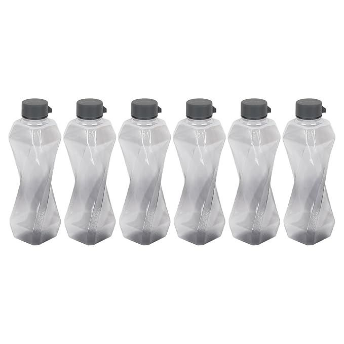 PEARLPET Twist BPA-Free Plastic Water Bottle Set |Lightweight, Leak-Proof & Freezer Safe  -  Pack of 6 (1000ml Each), Grey