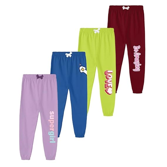 KYDA Kids® 100% Pure Cotton Printed Regular fit Track Pants for Girls (Pack of 4)