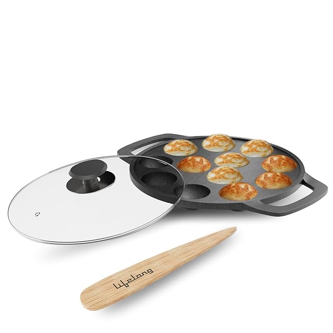 Lifelong Cast Iron Paniyaram Pan with Glass Lid |12 Pits|2.38kg Pan |Pre-Seasoned Appam Pan,Unniyappam Chatty,Large Non-Toxic Cookware,Non-Stick & Teflon Free,Durable for Easy Cooking &Cleaning,Black