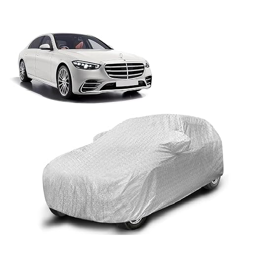 Sulfar 100% Waterproof Car Body Cover Compatible with Mirror for Mercedes Benz S 350 with Long Lasting Durable Material (Triple Stitched, Full Bottom Elastic, Metallic Silver)