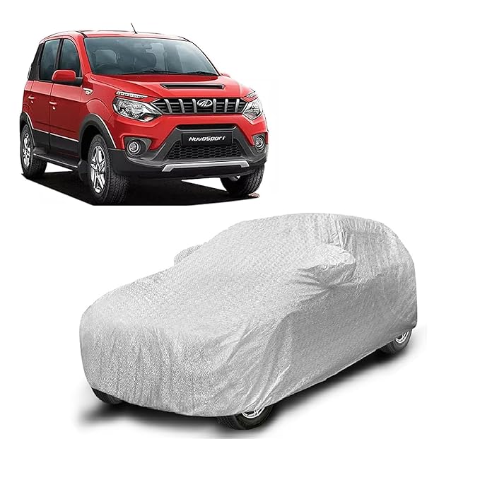 Sulfar 100% Waterproof Car Body Cover Compatible with Mirror for Mahindra Nuvosport with Long Lasting Durable Material (Triple Stitched, Full Bottom Elastic, Metallic Silver)