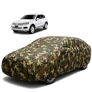Sulfar 100% Waterproof Car Body Cover Compatible with Mirror for Volkswagen Touareg with Long Lasting Durable Material (Triple Stitched, Full Bottom Elastic, Camouflage Army)