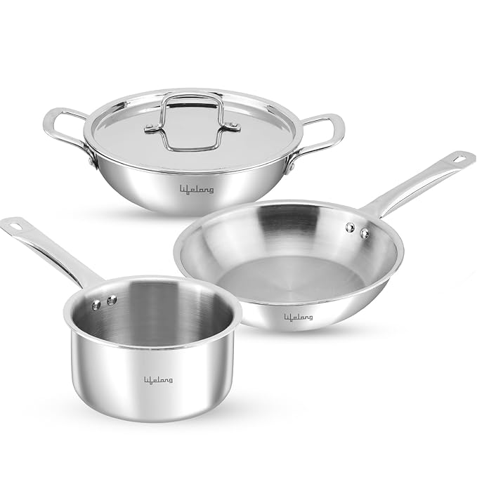 Lifelong Triply Kadai, Frypan & Saucepan for Cooking|Stainless Steel 24 Cm Kadai & Fry Pan 22 Cm with Glass Lid|16 Cm Sauce Pan|Induction Bottom & Gas Stove Cookware (Silver, LLTPKFPSP01), 3 Count