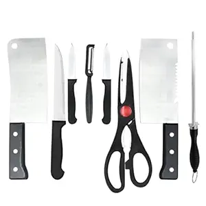 [Apply Coupon] - 8-Piece Kitchen Knife Set  -  Includes 3 Vegetable & Fruit Knives, 2 Meat Knives, 1 Scissor, 1 Knife Sharpener & 1 Peeler, Complete Kitchen Tool Set