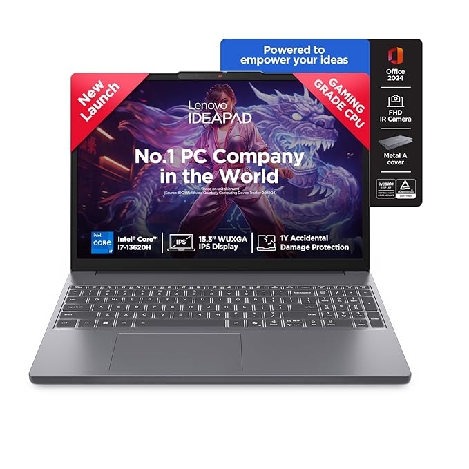 Lenovo Smartchoice Ideapad Slim 3 13Th Gen Intel Core I7-13620H 15.3 Inch(38.8Cm) WUXGA IPS Laptop(16GB RAM/512GB SSD/Windows 11/Office Home 2024/Backlit Keyboard/1Yr ADP Free/Grey/1.6Kg),83K100CJIN