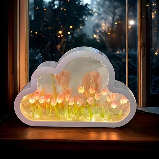 Romantic 3D Tulip Night Light, Simply Elegant Flower Lamp with Wooden Base for Bedroom, Home Decor, Nursery (Tulip)
